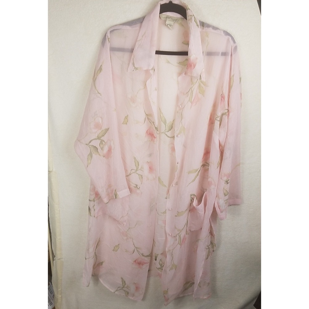 Lane Bryant Intimates Robe Women‎ 18/20 Pink Sheer Floral Crinkle Button pockets